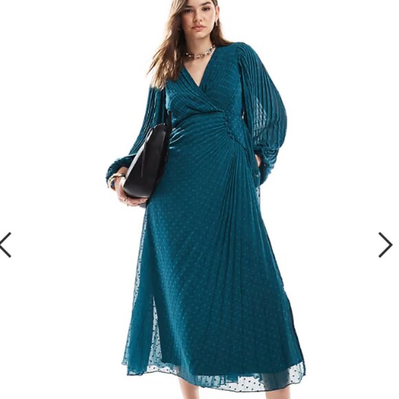 ASOS DESIGN Teal Pleated Textured Chiffon Maxi Dress Size 6 - Picture 4 of 15